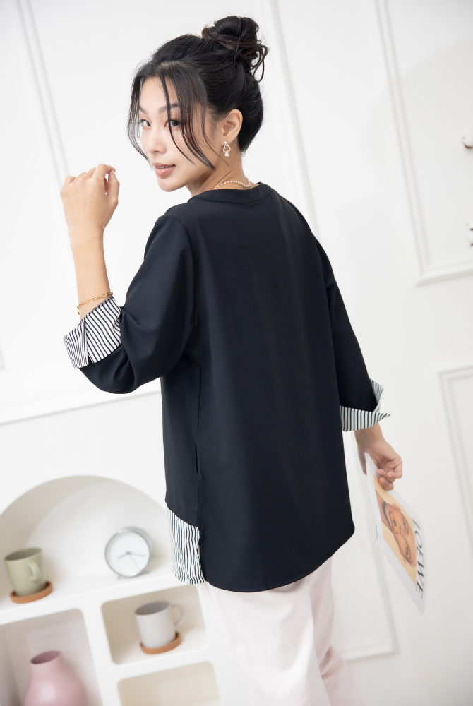 긴팔 衣襬白底黑條紋長袖上衣／黑色