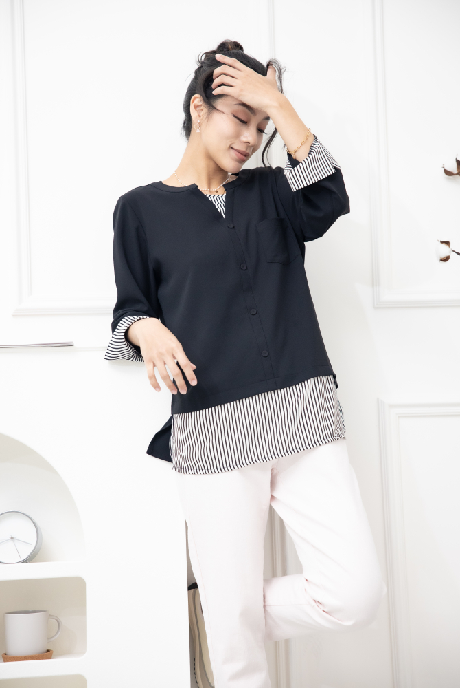 긴팔 衣襬白底黑條紋長袖上衣／黑色