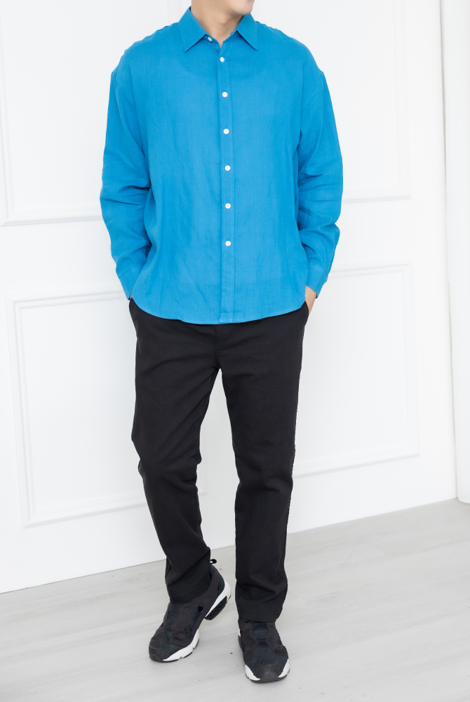 셔츠 立領全開襯衫長袖上衣 /藍色