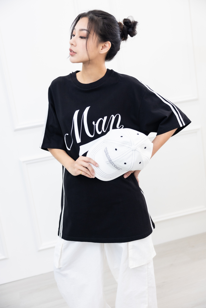 반팔 側邊白線落肩短袖上衣