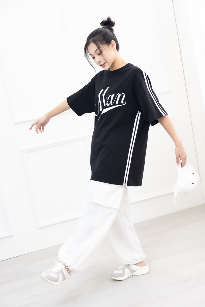 반팔 側邊白線落肩短袖上衣