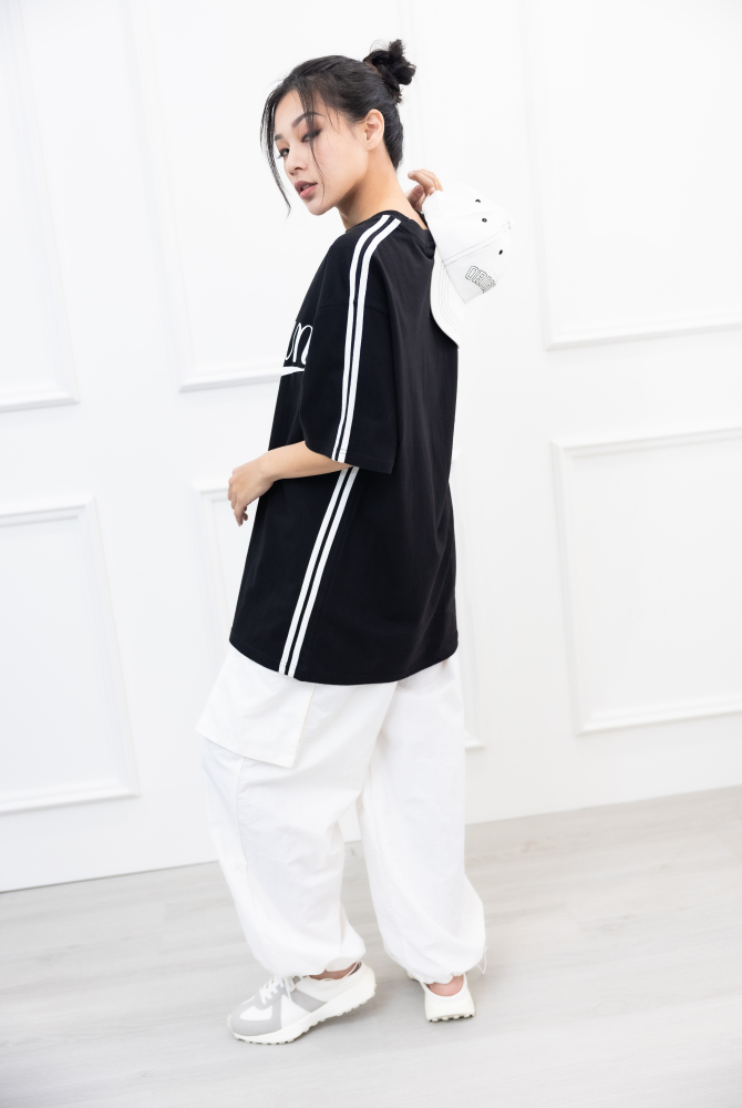 반팔 側邊白線落肩短袖上衣