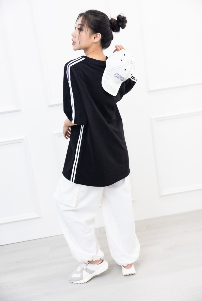 반팔 側邊白線落肩短袖上衣