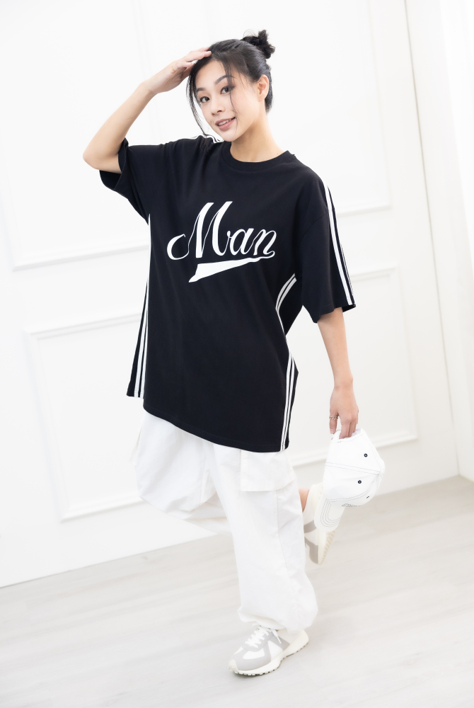 반팔 側邊白線落肩短袖上衣