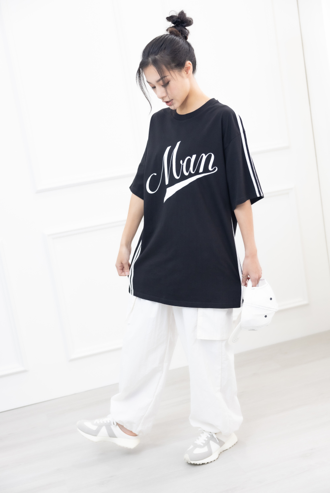 반팔 側邊白線落肩短袖上衣