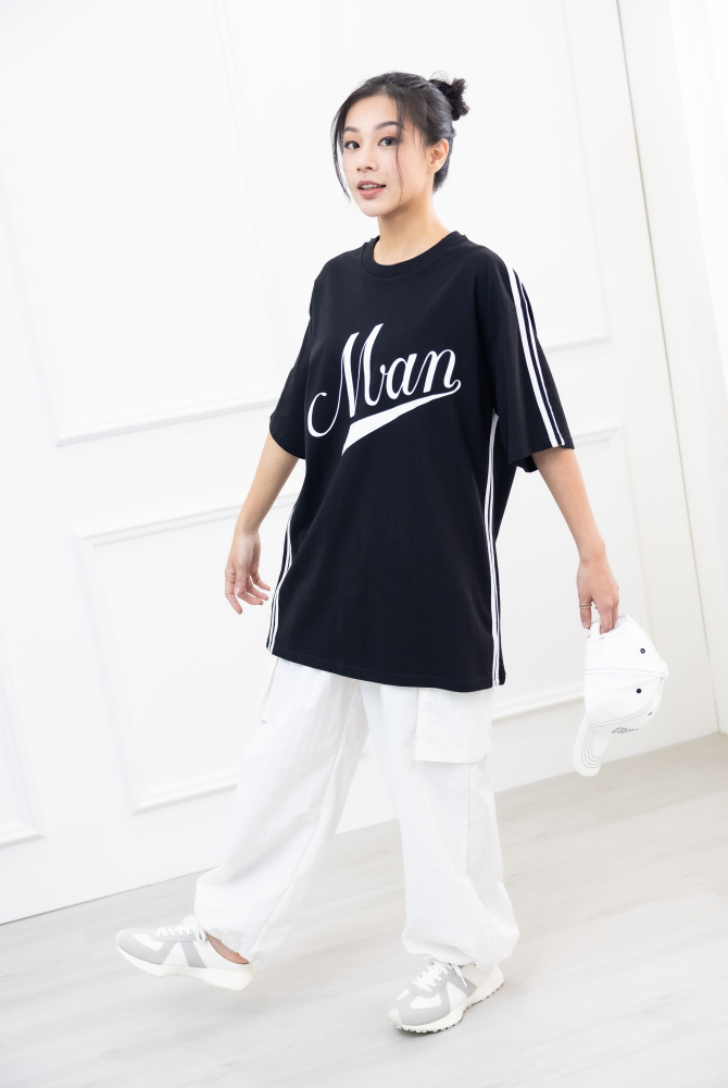 반팔 側邊白線落肩短袖上衣