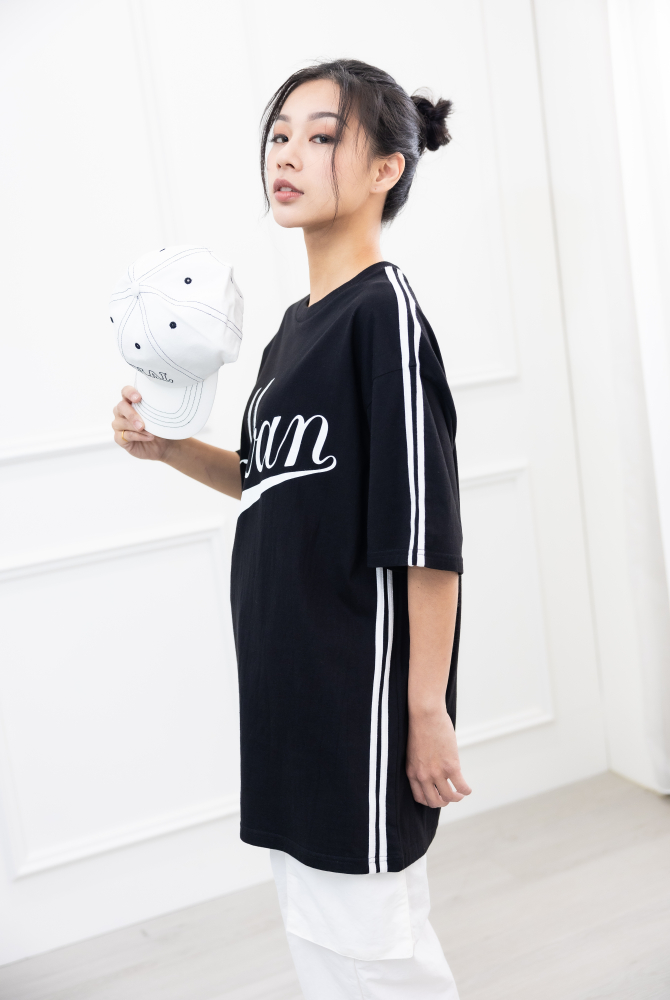 반팔 側邊白線落肩短袖上衣