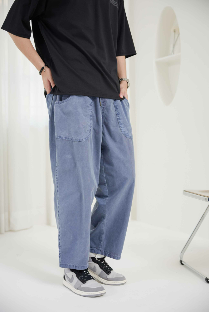 긴 바지 輕薄寬版長褲／藍灰色