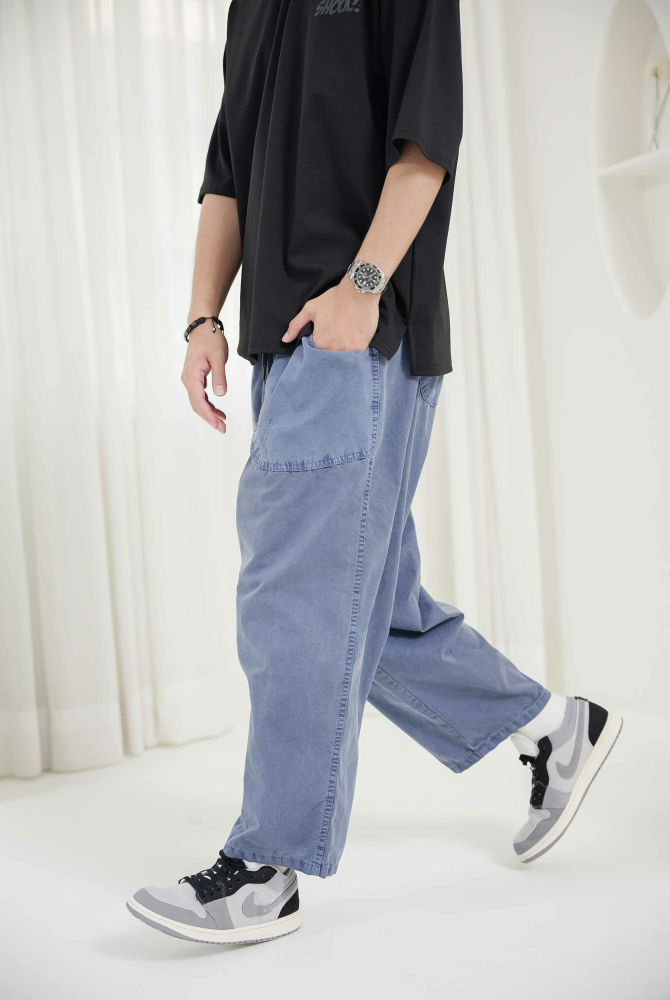 긴 바지 輕薄寬版長褲／藍灰色