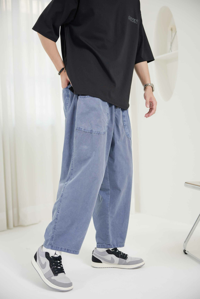 긴 바지 輕薄寬版長褲／藍灰色