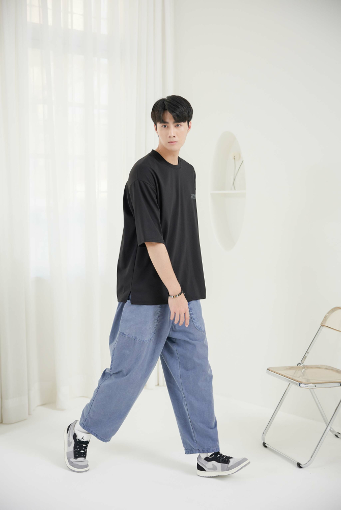 긴 바지 輕薄寬版長褲／藍灰色