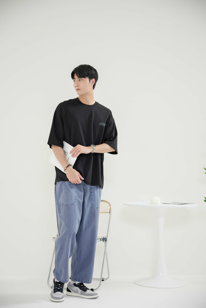 긴 바지 輕薄寬版長褲／藍灰色