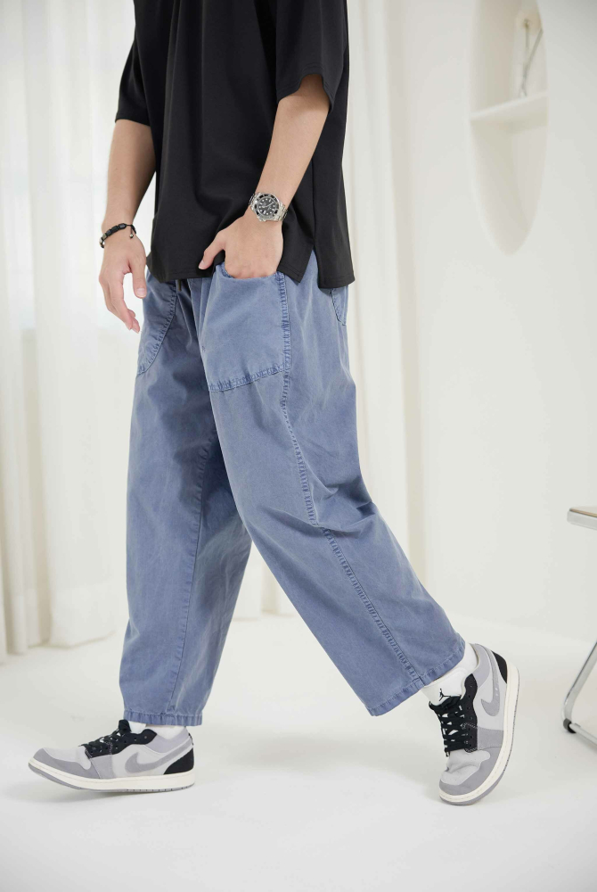 긴 바지 輕薄寬版長褲／藍灰色