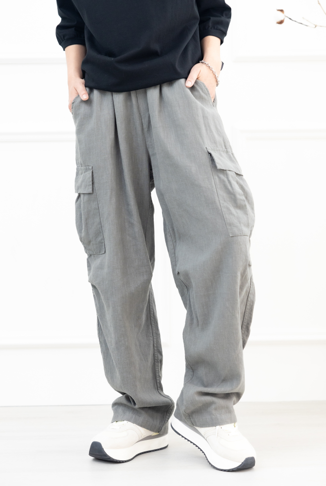 긴 바지 亞麻長褲 / 深灰色