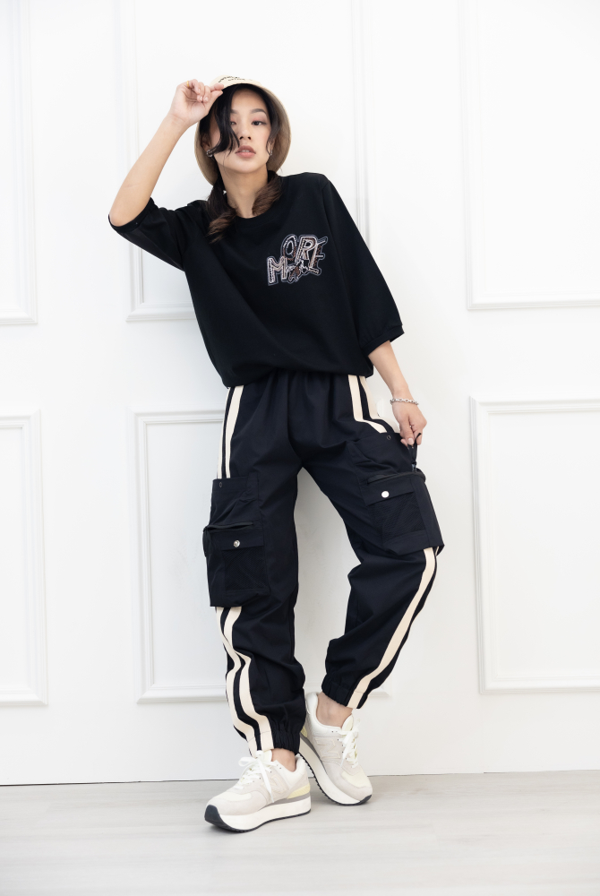 긴 바지 透氣堅挺線條長褲 / 黑色