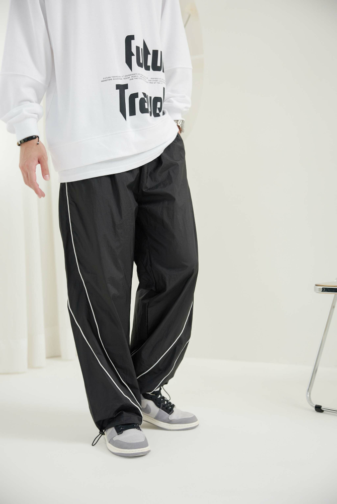 긴 바지 尼龍線條長褲 / 黑色