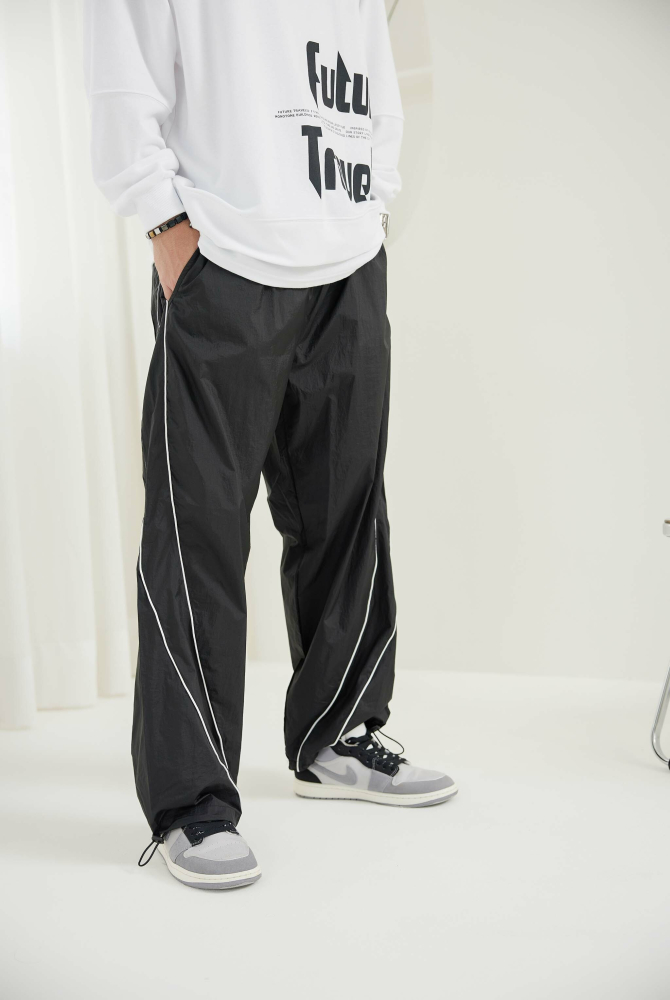 긴 바지 尼龍線條長褲 / 黑色