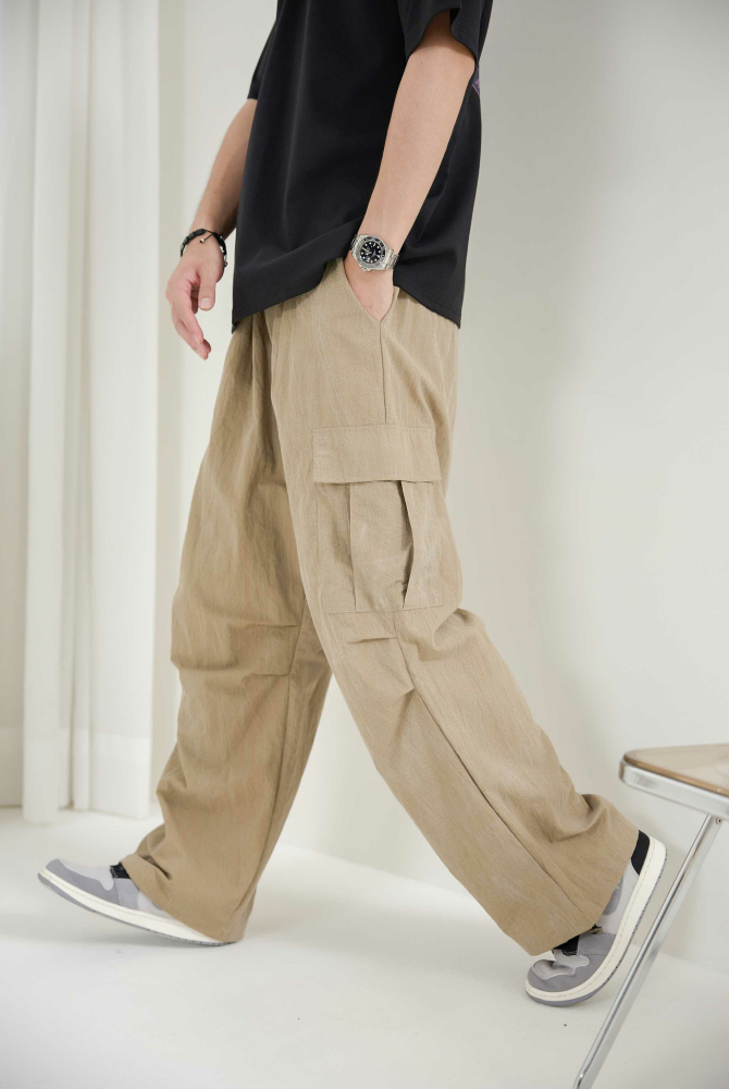 긴 바지 丹寧染色感長褲／淺卡其色