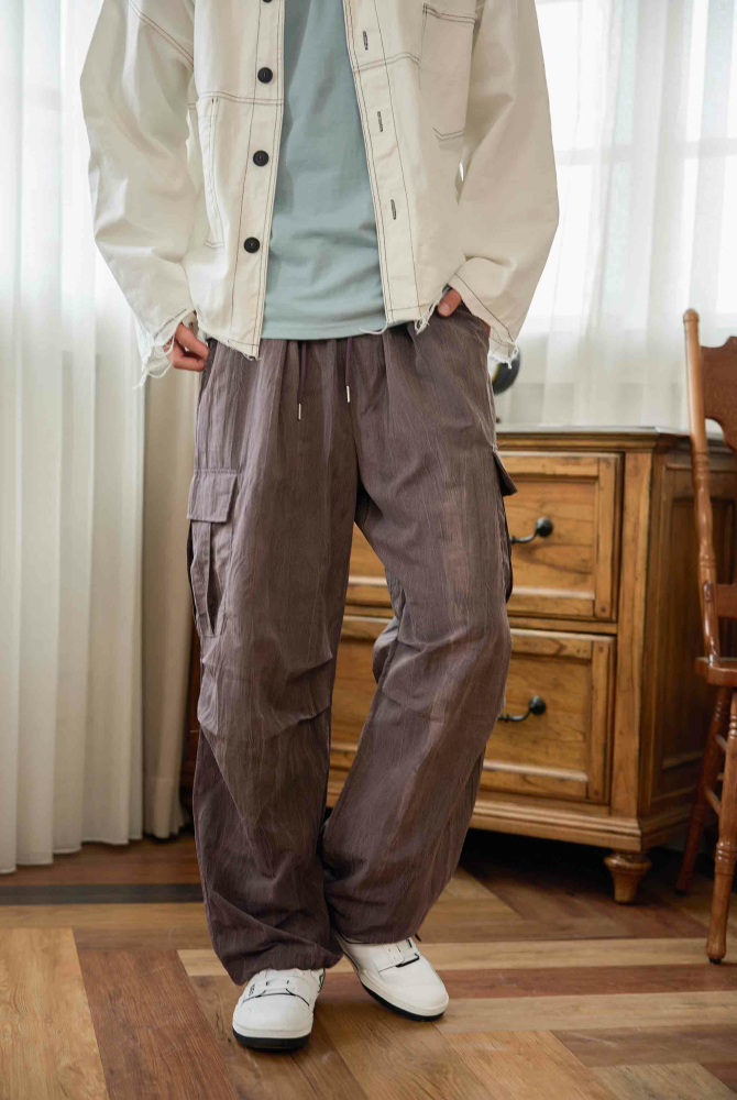 긴 바지 丹寧染色感長褲／紫藕色