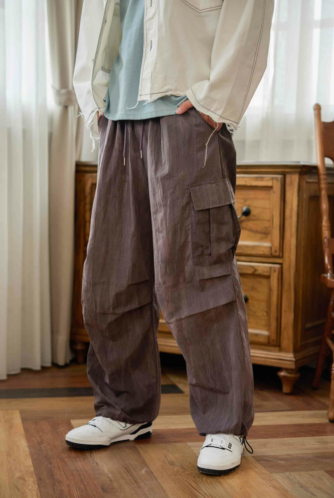 긴 바지 丹寧染色感長褲／紫藕色