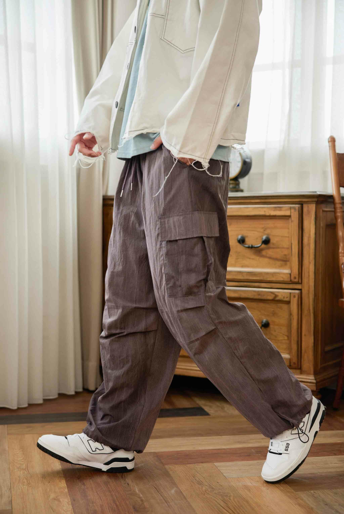 긴 바지 丹寧染色感長褲／紫藕色