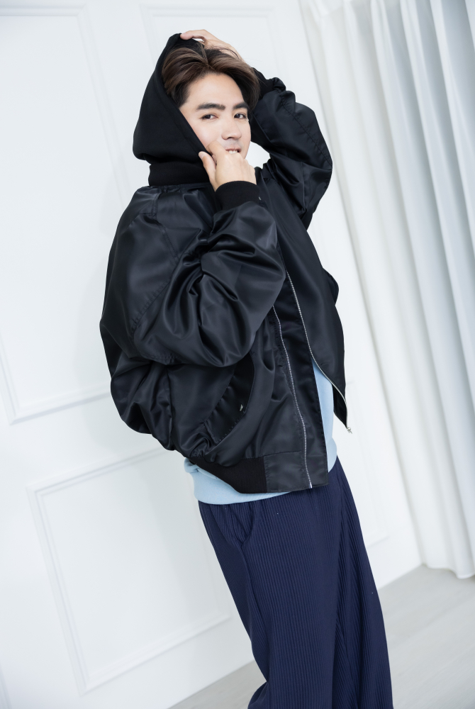코트 防潑水拼棉質連帽外套 / 黑色