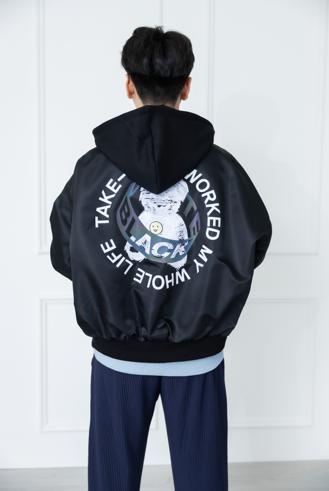 코트 防潑水拼棉質連帽外套 / 黑色