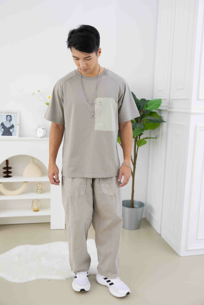 반팔 胸前口袋短袖上衣/灰綠色