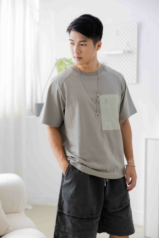 반팔 胸前口袋短袖上衣/灰綠色