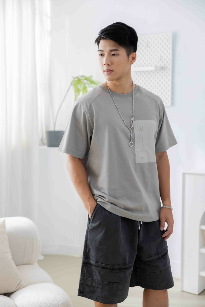 반팔 胸前口袋短袖上衣/灰綠色