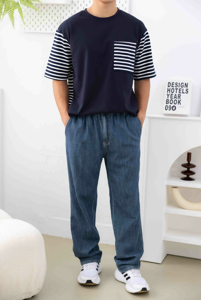 반팔 條紋口袋短袖上衣／深藍底白條紋