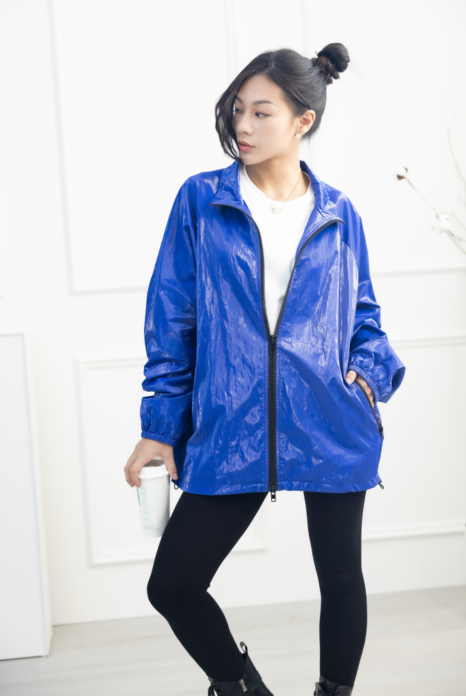 코트 亮面長袖外套/寶藍色