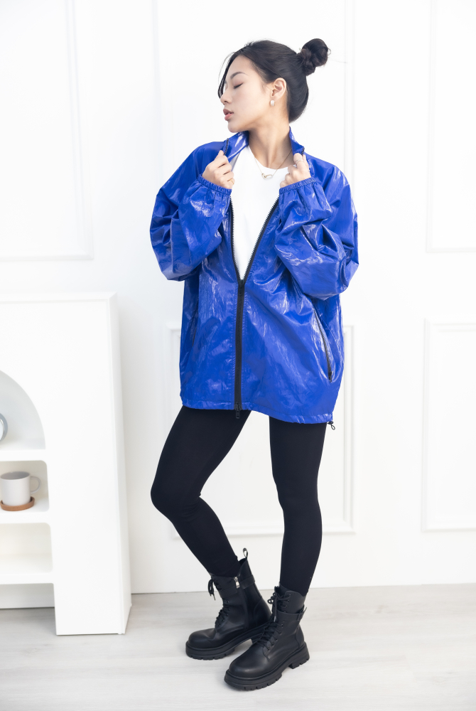 코트 亮面長袖外套/寶藍色