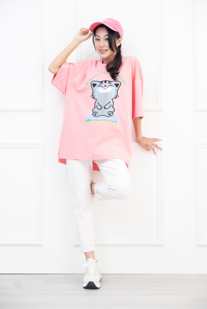 반팔 貓咪別哭短袖上衣／粉色