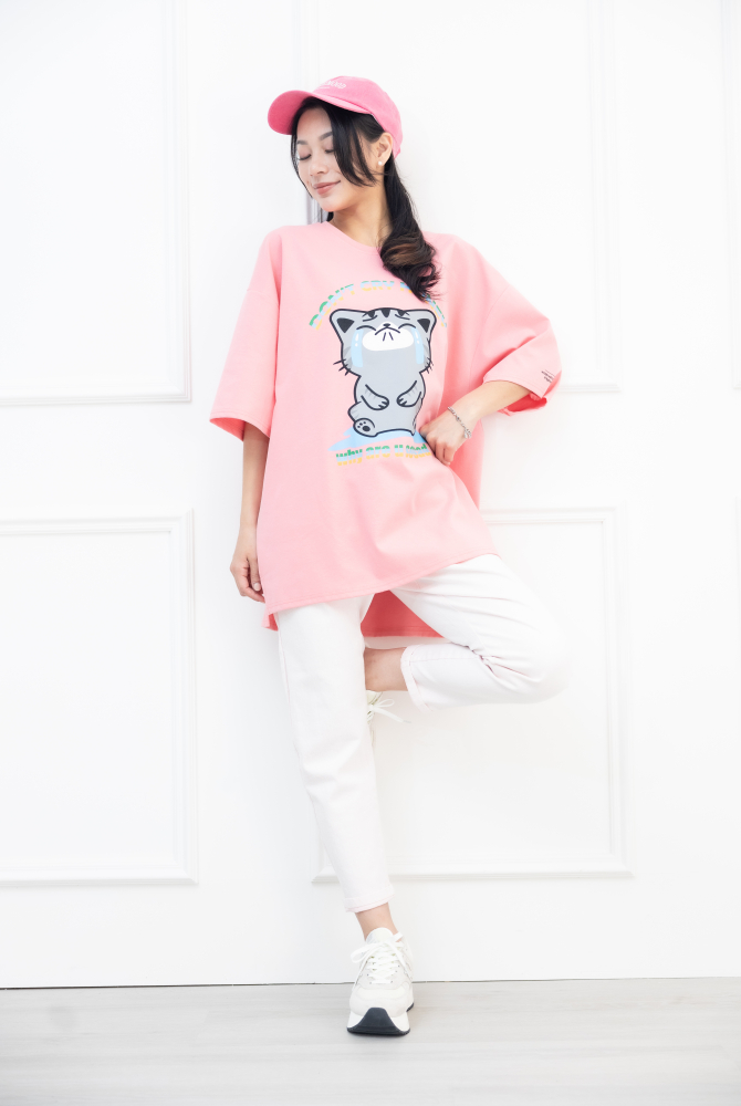 반팔 貓咪別哭短袖上衣／粉色