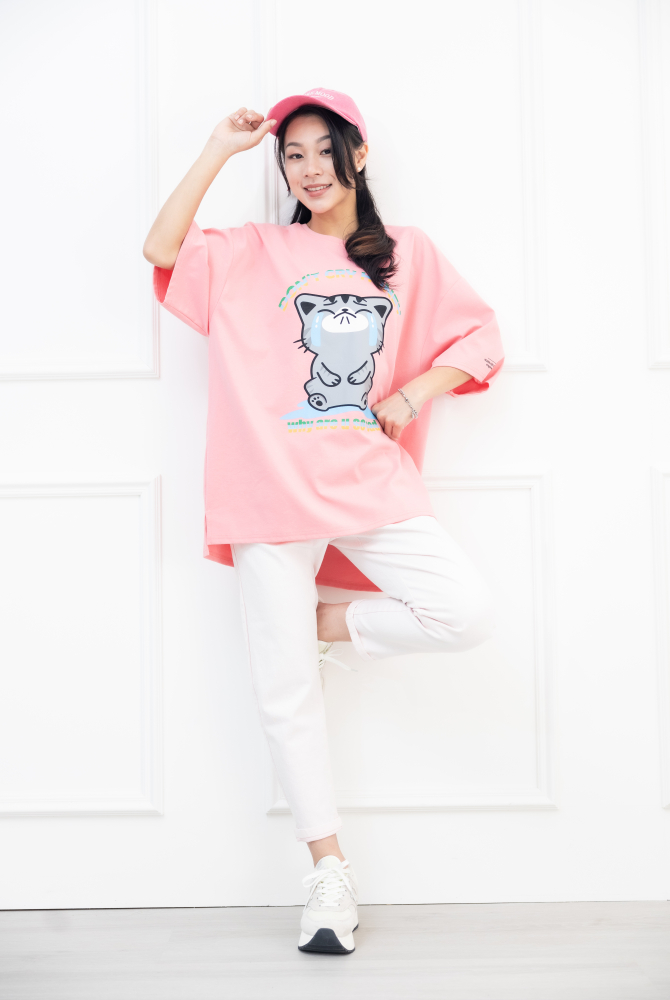 반팔 貓咪別哭短袖上衣／粉色