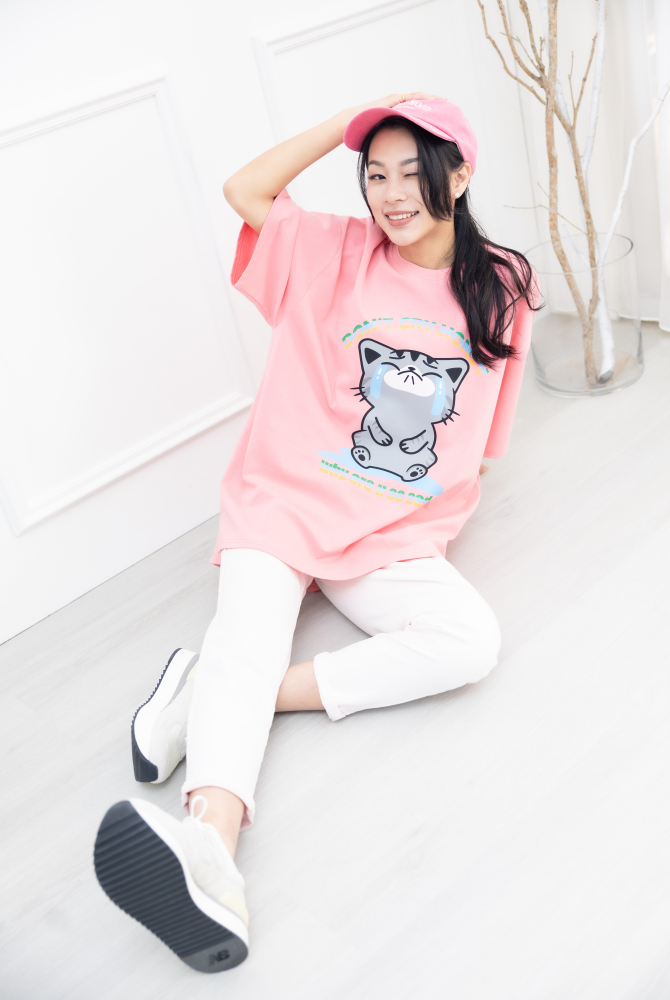 반팔 貓咪別哭短袖上衣／粉色