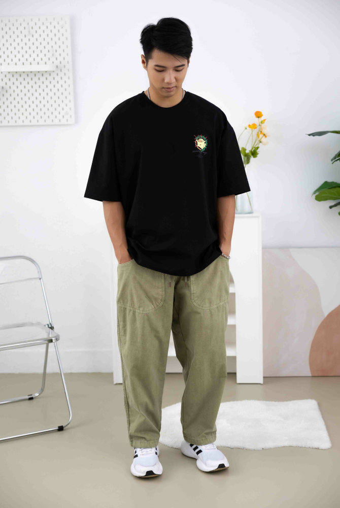 반팔 小鴨落肩短袖上衣 / 黑色