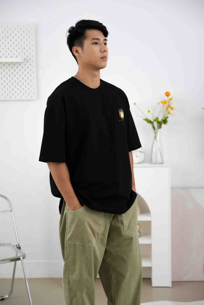 반팔 小鴨落肩短袖上衣 / 黑色