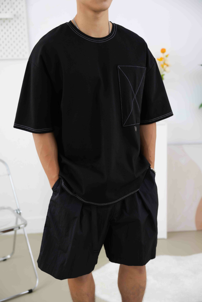 반팔 落肩短袖上衣／黑色