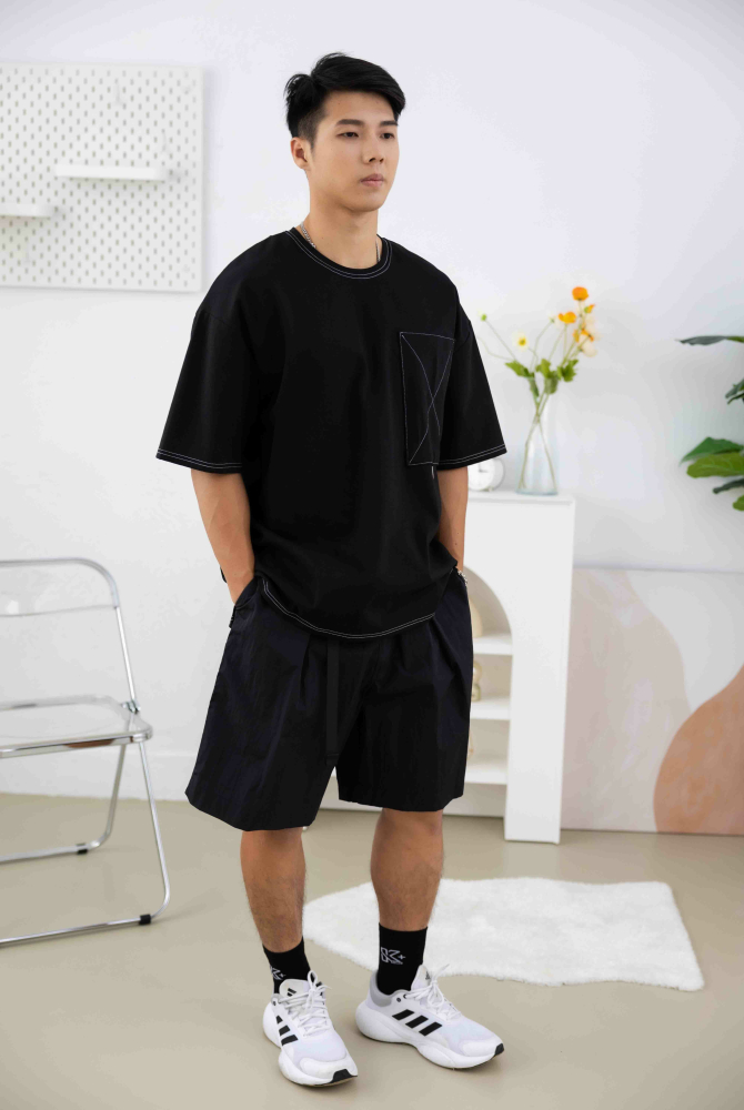 반팔 落肩短袖上衣／黑色