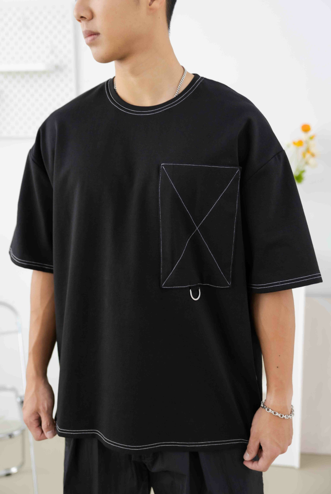 반팔 落肩短袖上衣／黑色