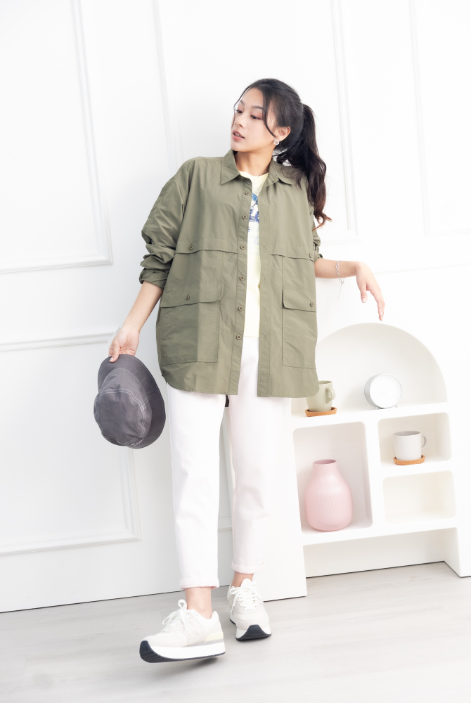 셔츠 多口袋長袖上衣／墨綠色