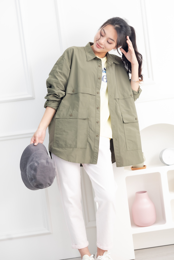 셔츠 多口袋長袖上衣／墨綠色
