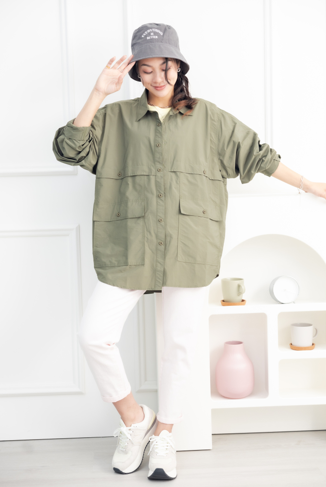 셔츠 多口袋長袖上衣／墨綠色