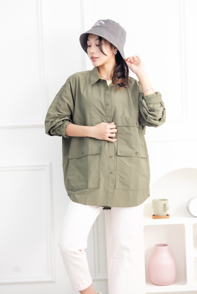 셔츠 多口袋長袖上衣／墨綠色