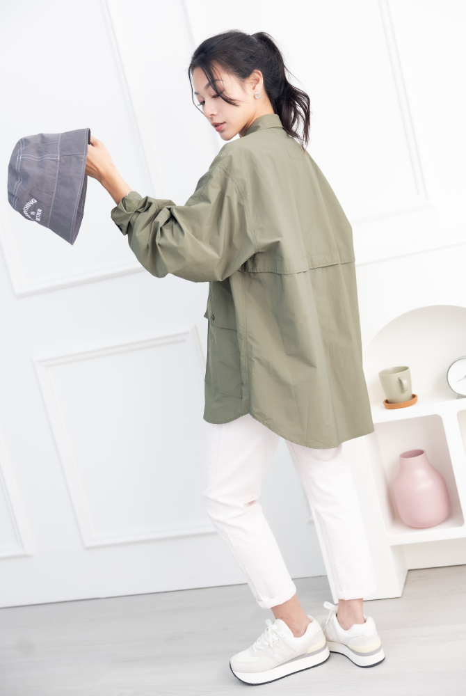 셔츠 多口袋長袖上衣／墨綠色