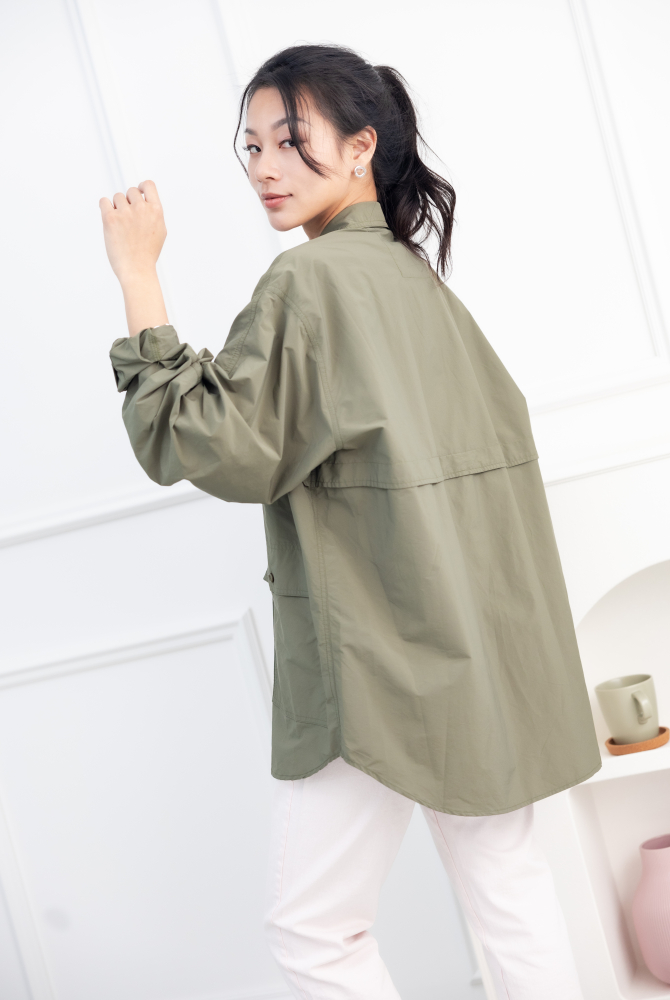 셔츠 多口袋長袖上衣／墨綠色