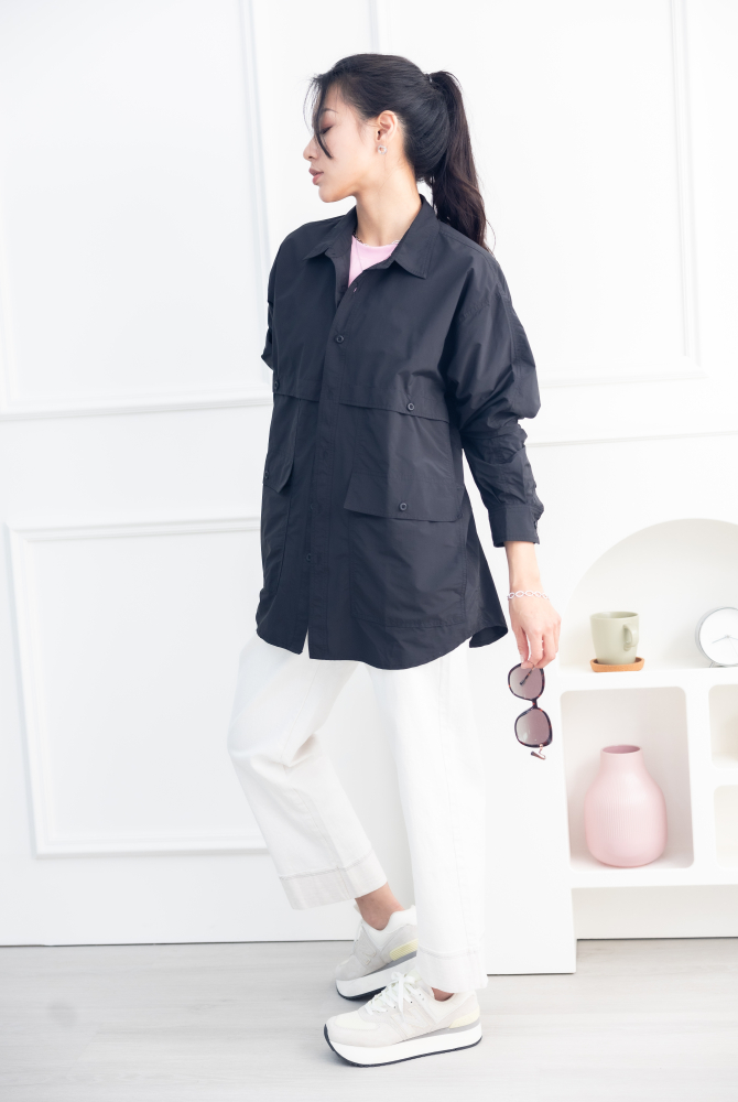 셔츠 多口袋長袖上衣/黑色