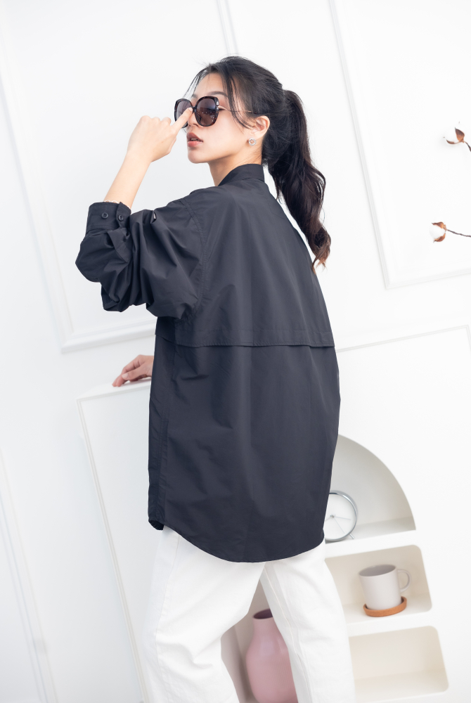 셔츠 多口袋長袖上衣/黑色